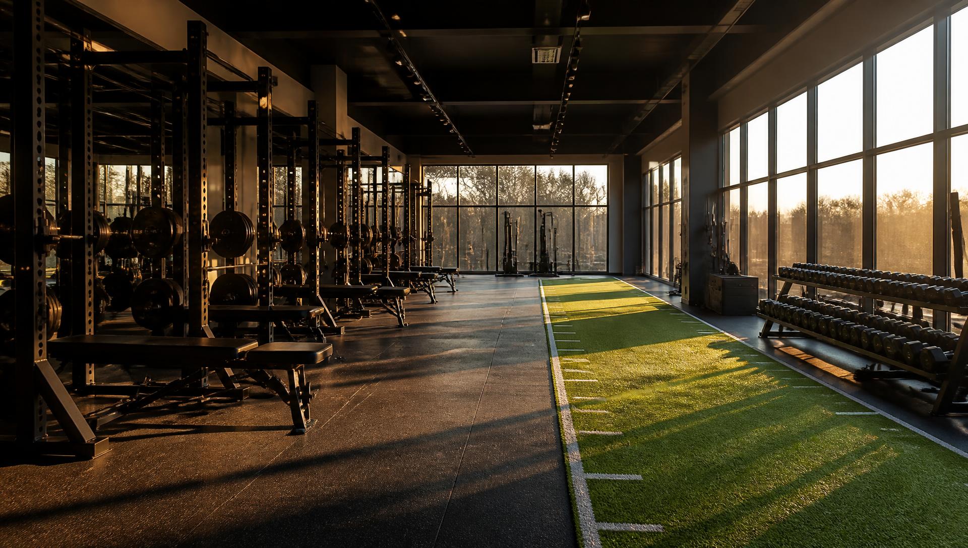 Interior of the Apex Performance Training facility with squat racks and turf lane at sunrise