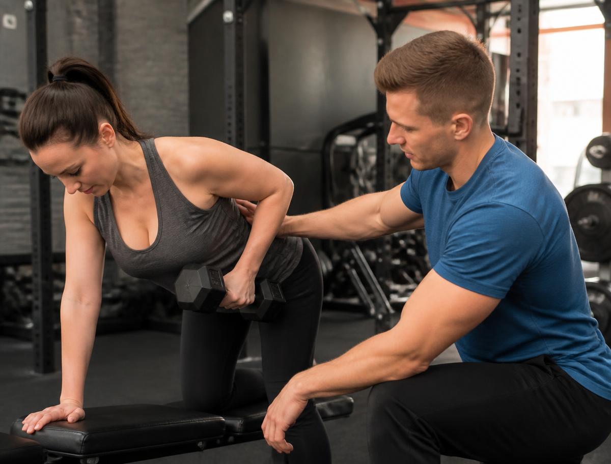 Personal trainer coaching a client through a dumbbell row in a Grand Rapids gym
