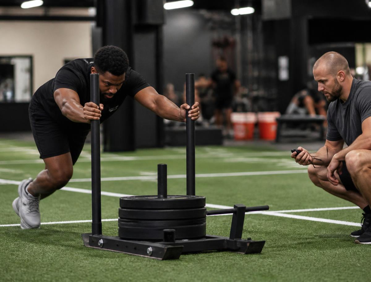 Athlete pushing a weighted sled on turf while a performance coach times the effort