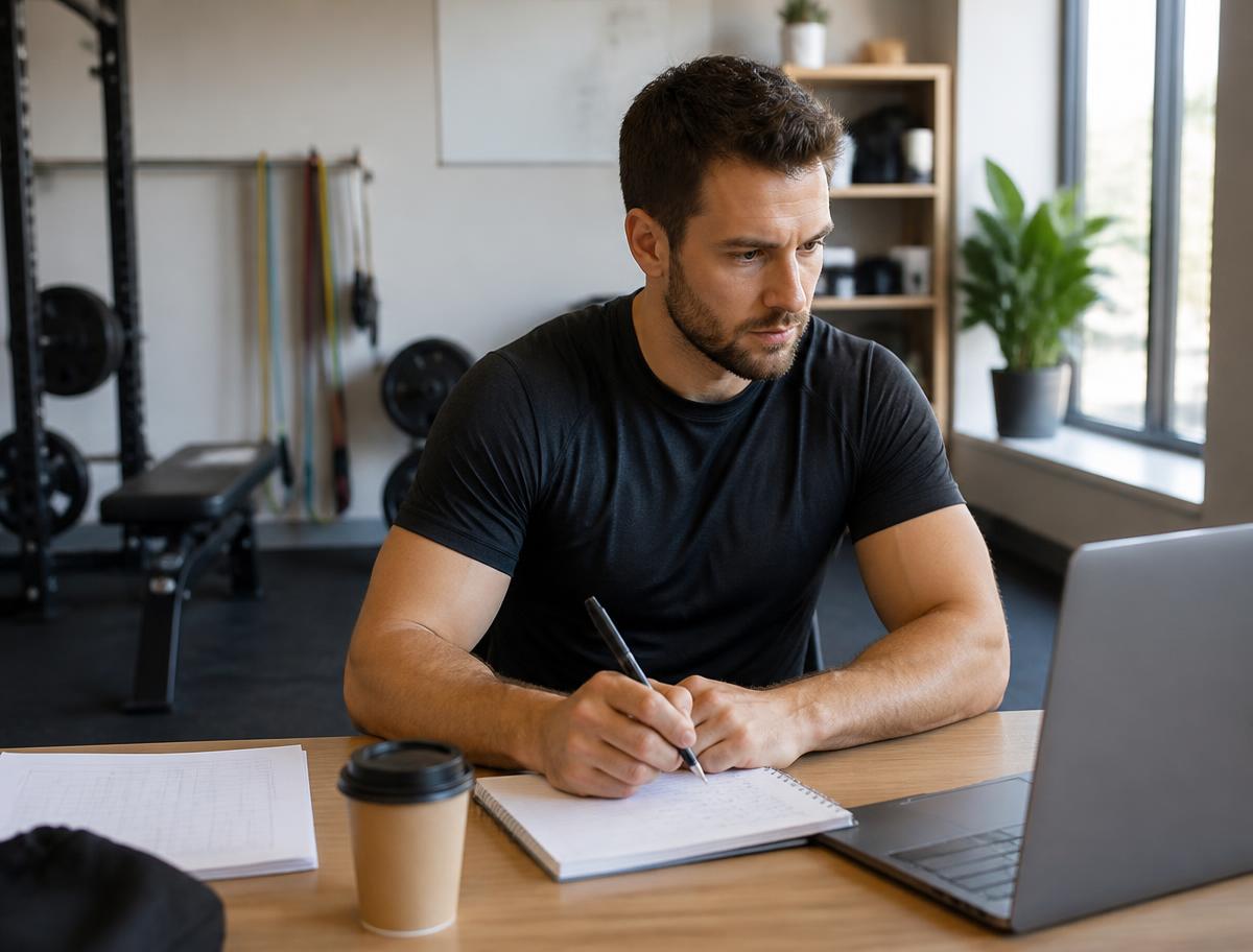 Strength coach writing a client training program at a desk inside the gym