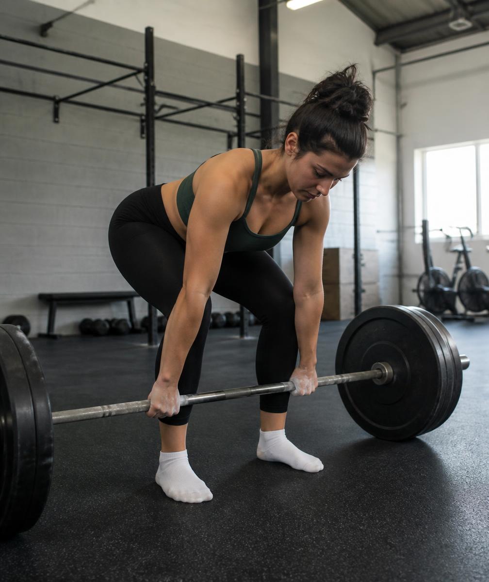 Client setting up for a barbell deadlift during a coached strength session
